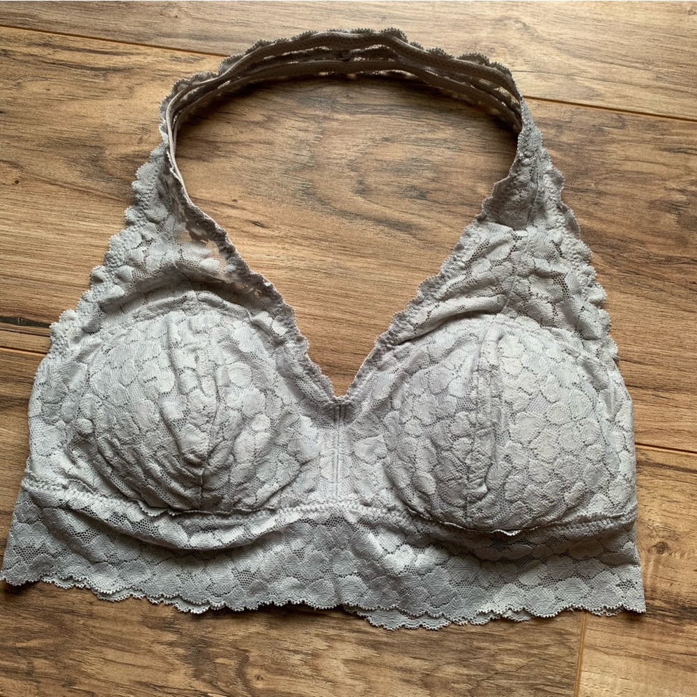Aerie Stretch Lace Halter Bralette- Gray - Size Large